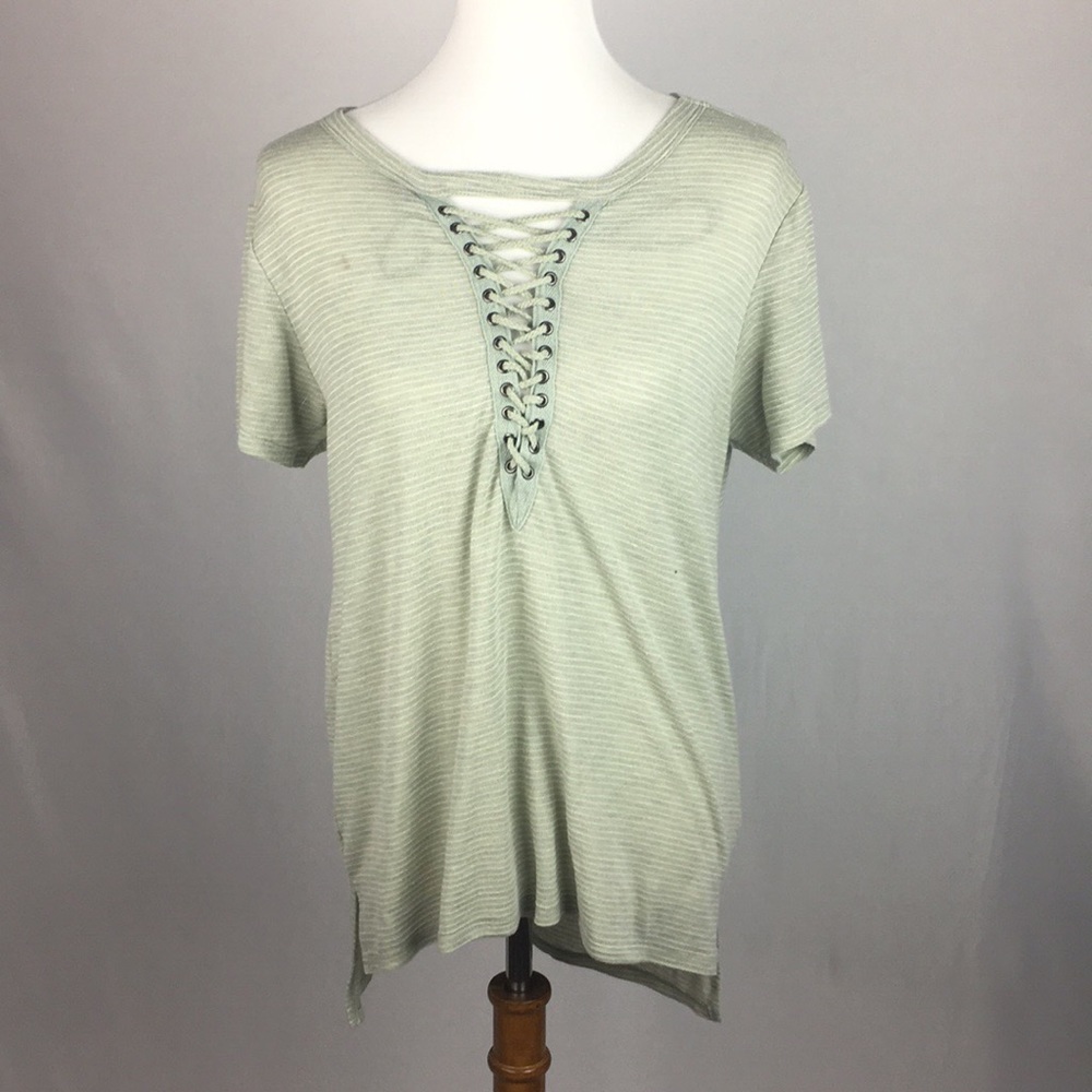 Green Stripe Lace Up Tee